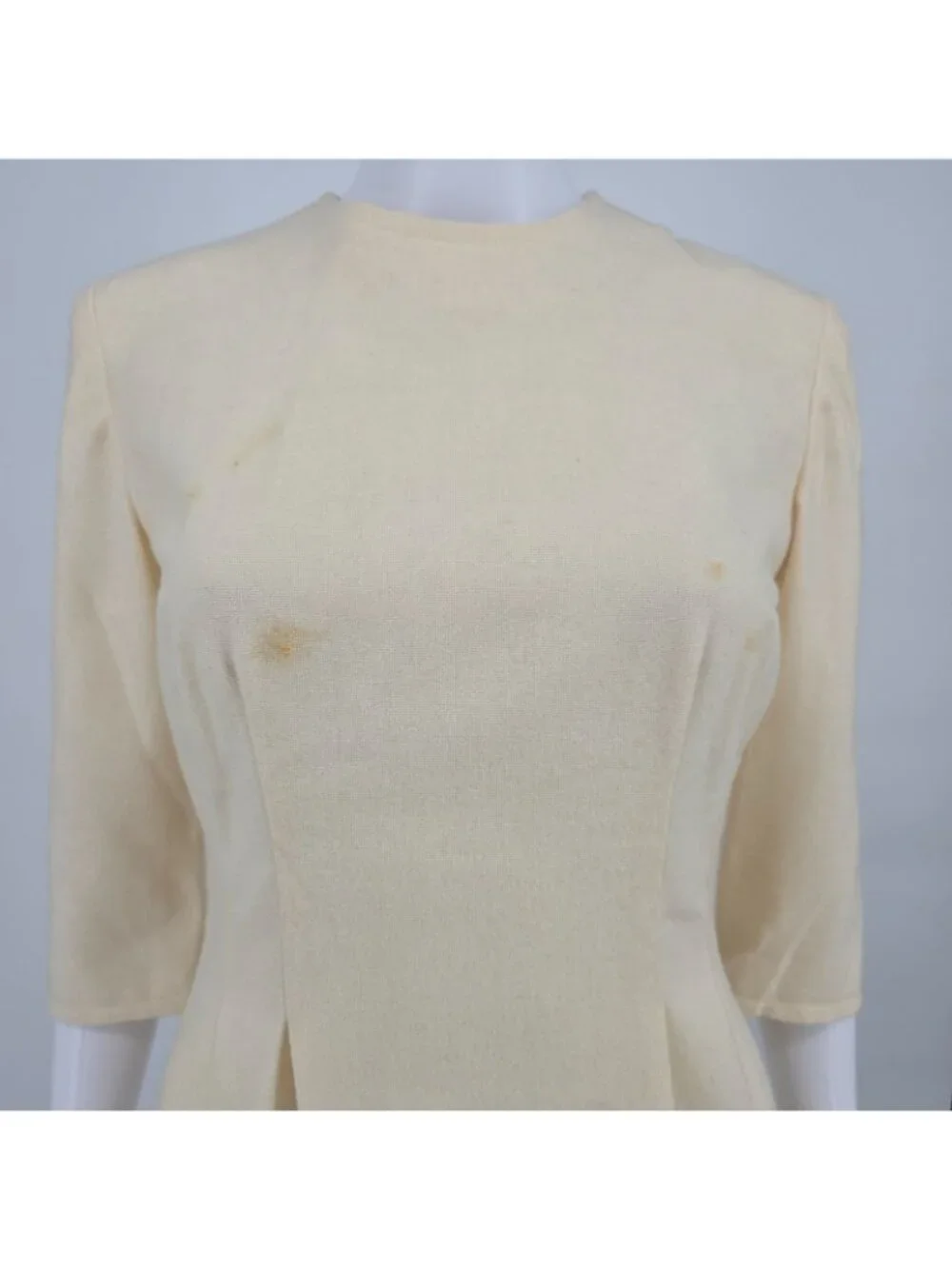 Vintage 1960s Cream Wool Jackie-Style 3/4 Sleeve Sheath Dress (S) *Fair